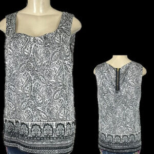 Dana Buchman L Black Paisley Print Scoop Neck Zip Back Detail Sleeveless Blouse
